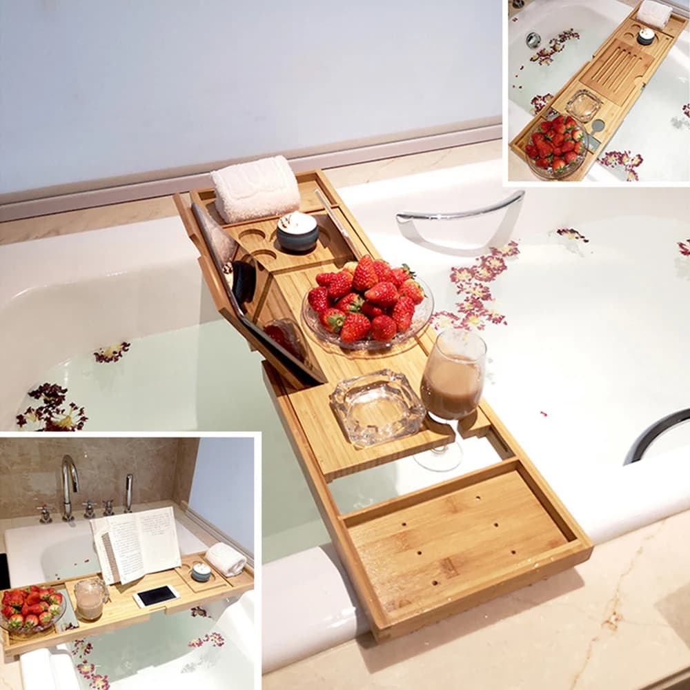 Bamboo Bathtub Caddy Tray for Airbnb Bathroom | Spa Organizer Rack view 6