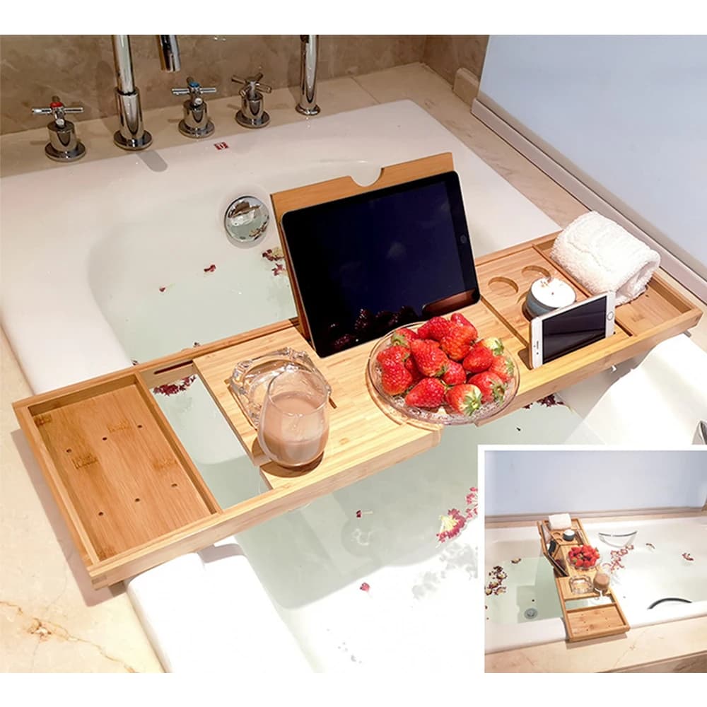 Bamboo Bathtub Caddy Tray for Airbnb Bathroom | Spa Organizer Rack view 4