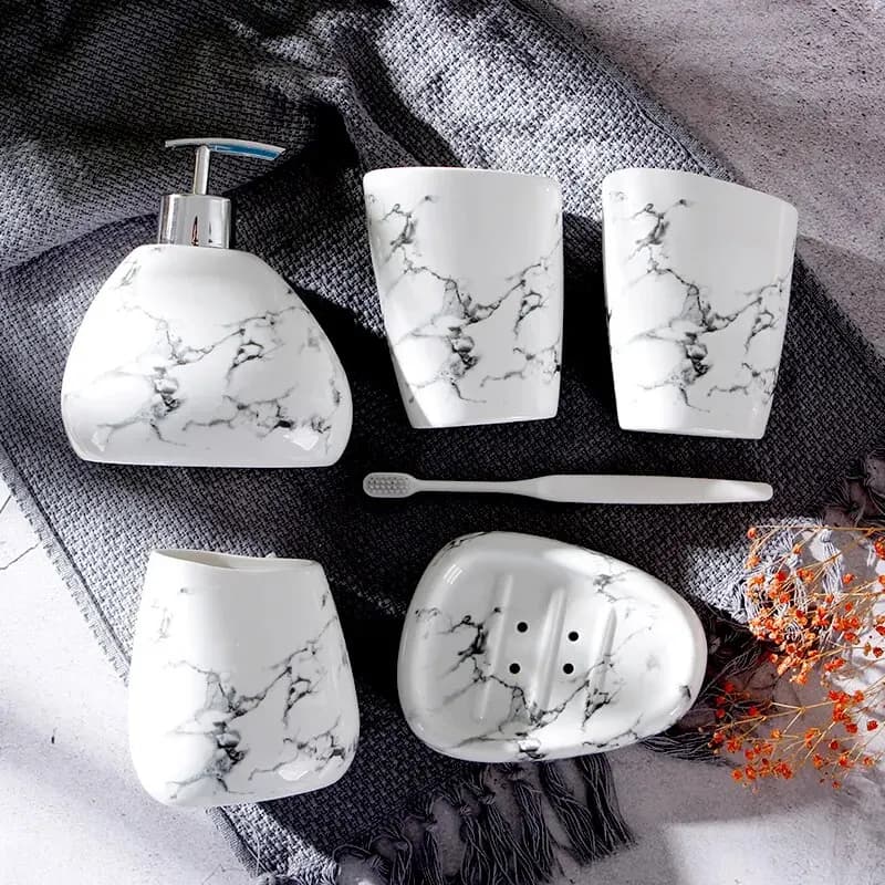 Marble Effect Bathroom Accessories Set for Airbnb Bathrooms view 3