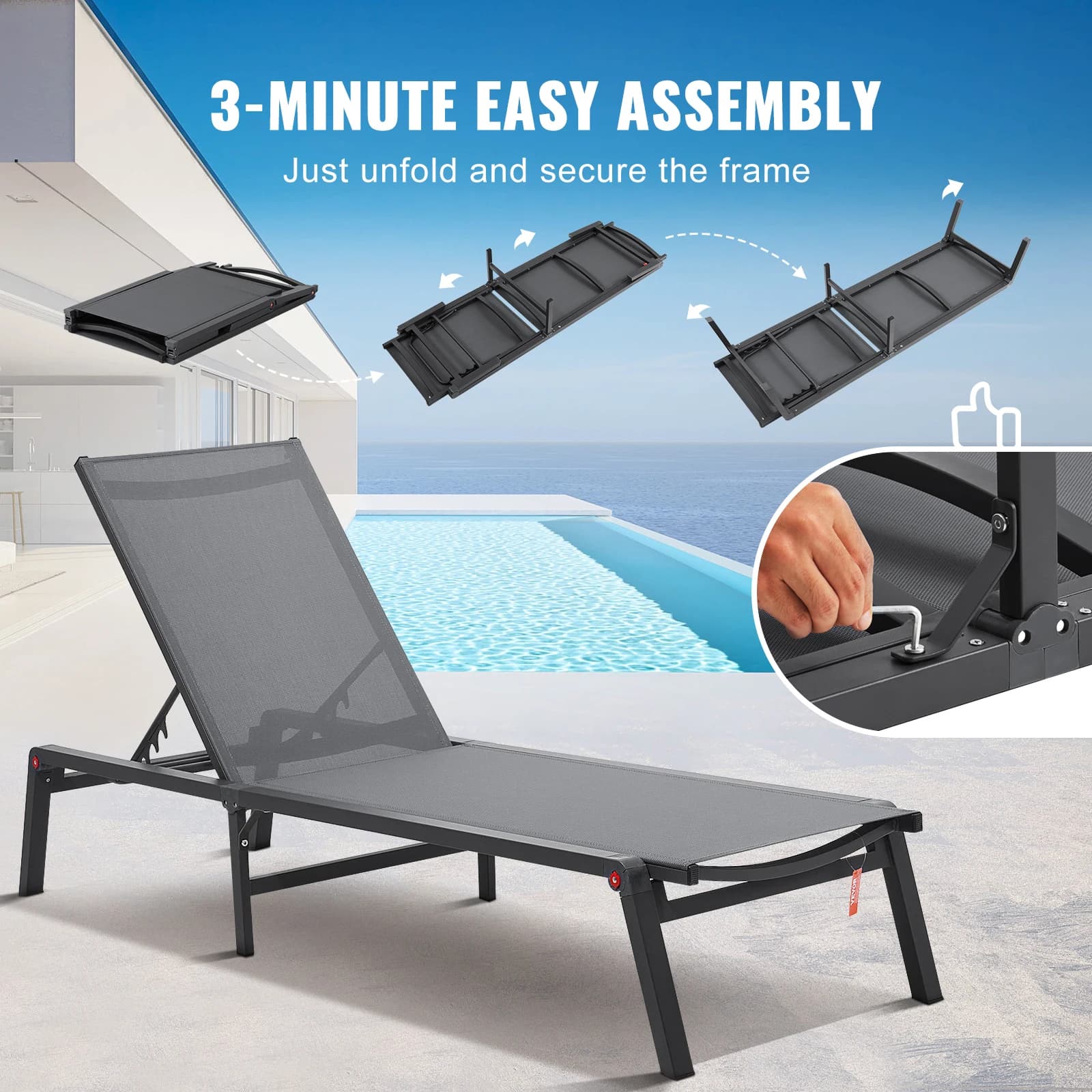 Aluminum Chaise Lounge Chair for Airbnb Outdoor Spaces | Patio Recliner view 4