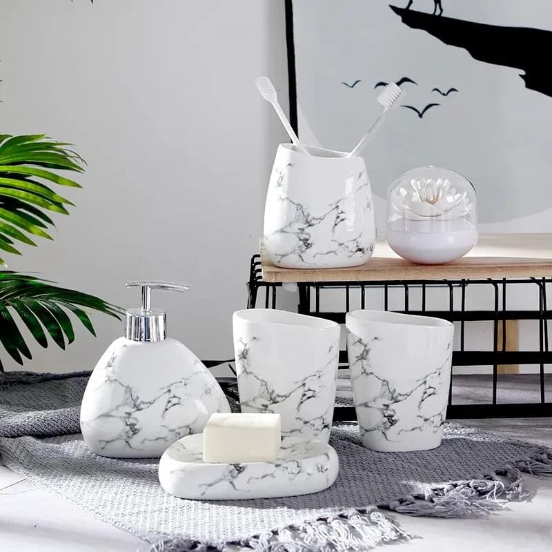 Marble Effect Bathroom Accessories Set for Airbnb Bathrooms view 2