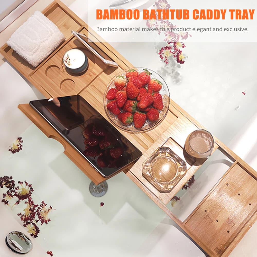 Bamboo Bathtub Caddy Tray for Airbnb Bathroom | Spa Organizer Rack view 2