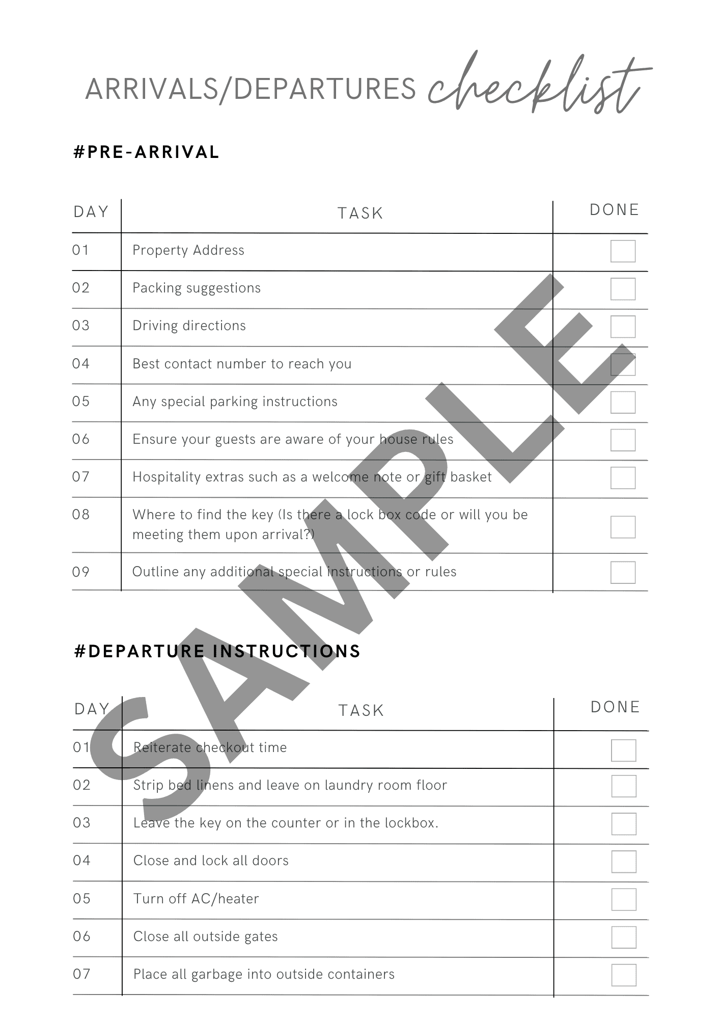 Airbnb Arrivals & Departures Checklist Template (Word + PDF) view 2