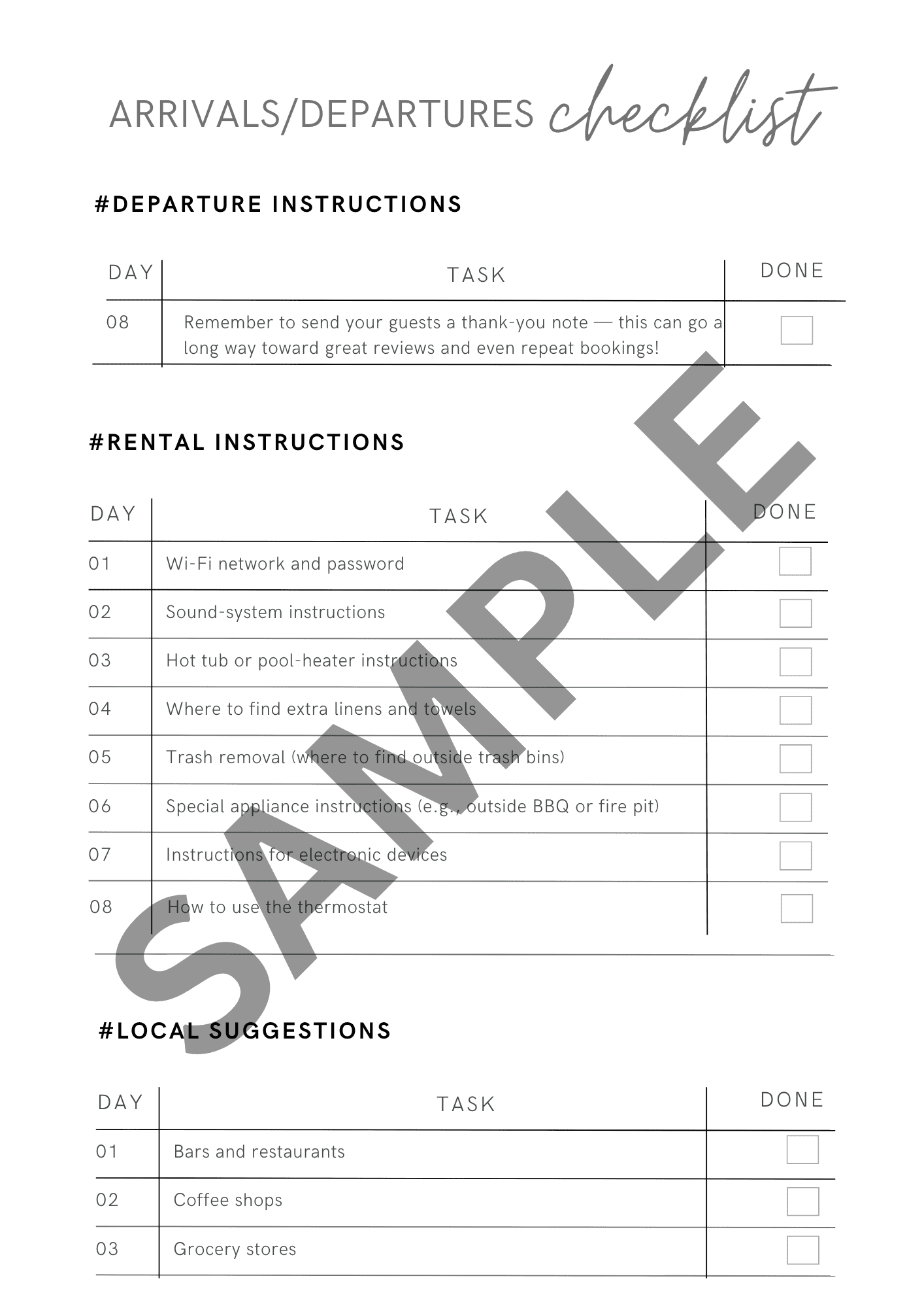 Airbnb Arrivals & Departures Checklist Template (Word + PDF) view 3