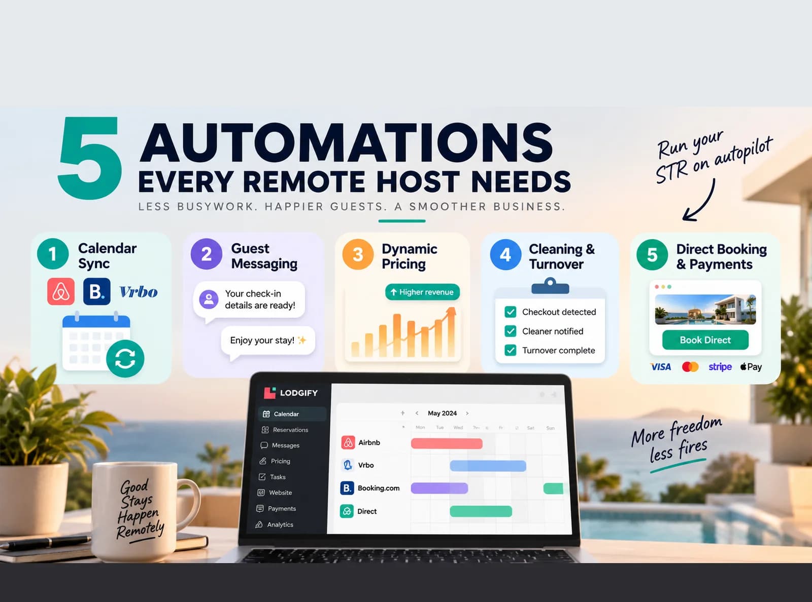5 Automations Every Remote Host Needs — calendar sync, guest messaging, dynamic pricing, cleaning coordination, and direct booking, run from Lodgify