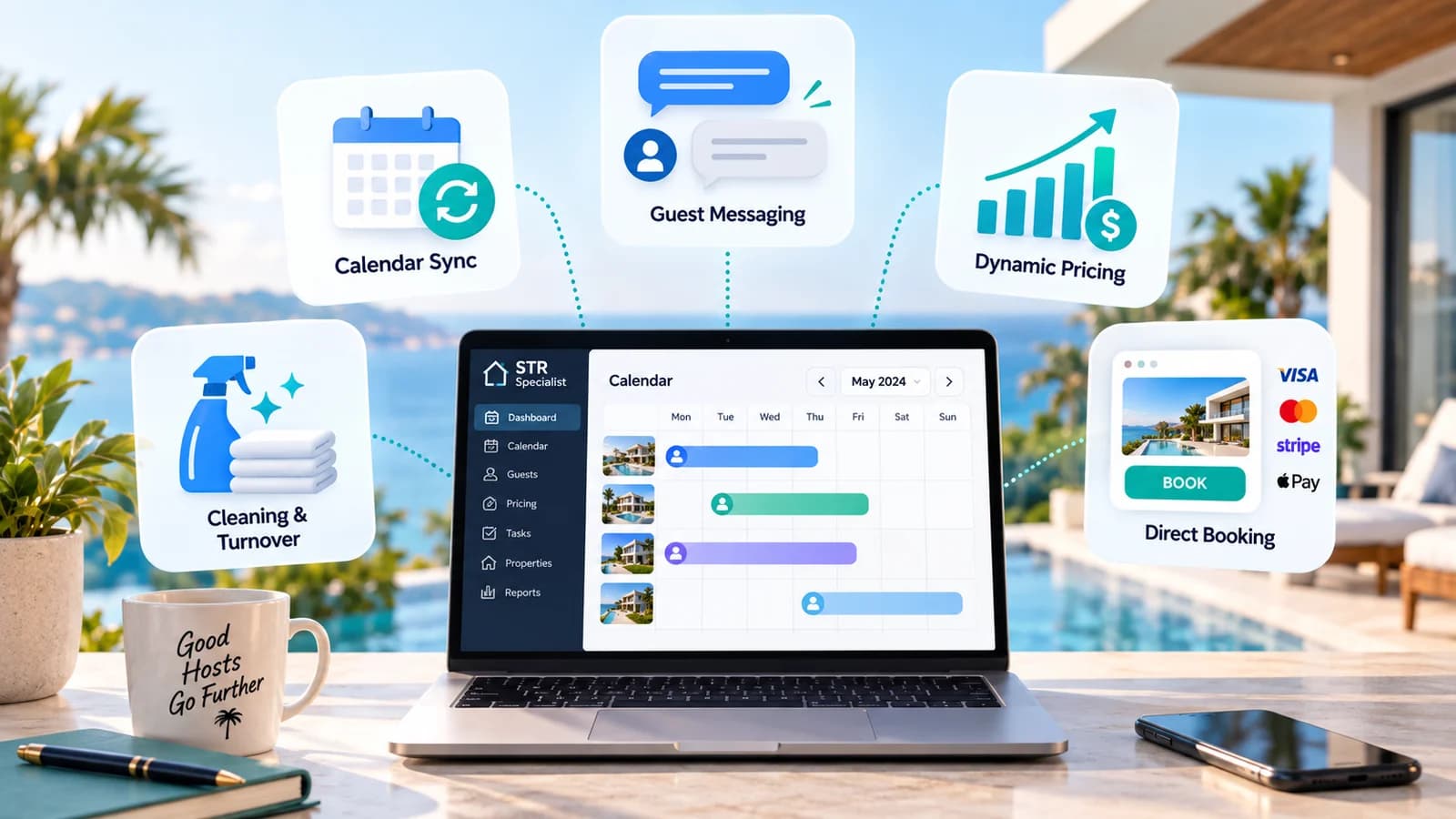 5 Automations Every Remote Host Needs — calendar sync, guest messaging, dynamic pricing, cleaning coordination, and direct booking