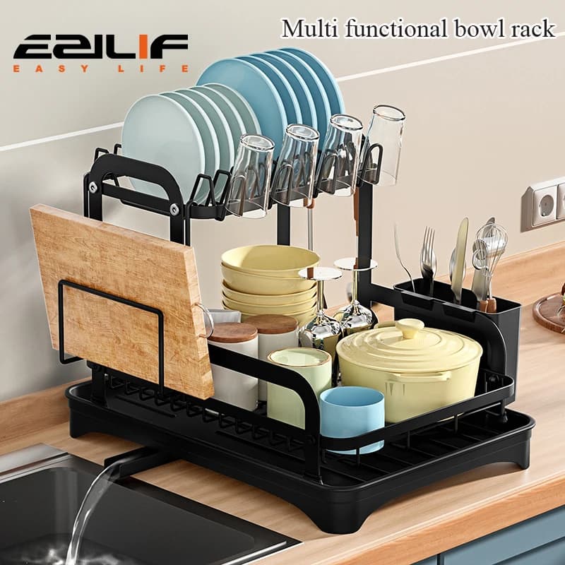 2 Tier Dish Bowl Drainer Rack for Airbnb Kitchen Organization