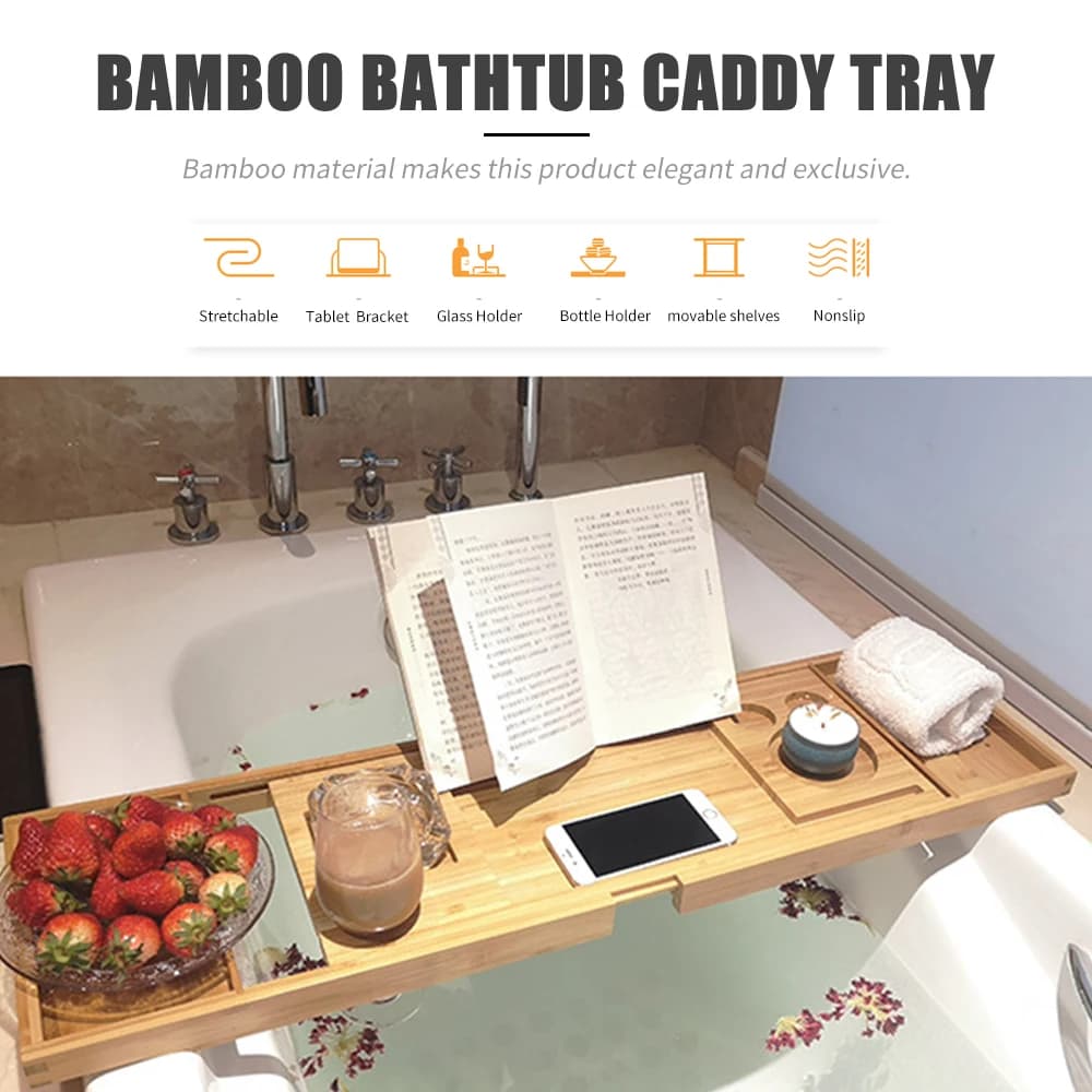 Bamboo Bathtub Caddy Tray for Airbnb Bathroom | Spa Organizer Rack