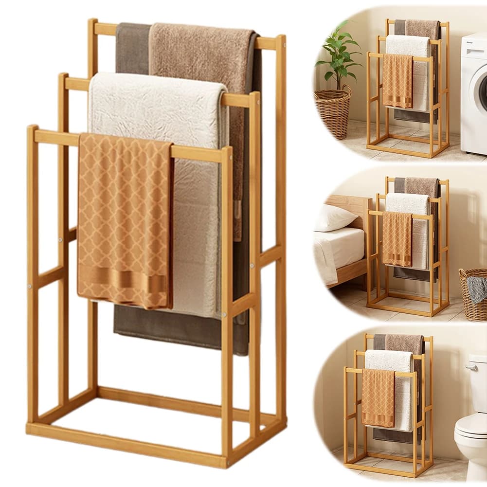Wood Vertical Towel Rack for Airbnb Bathroom | 3-Tier Floor Stand
