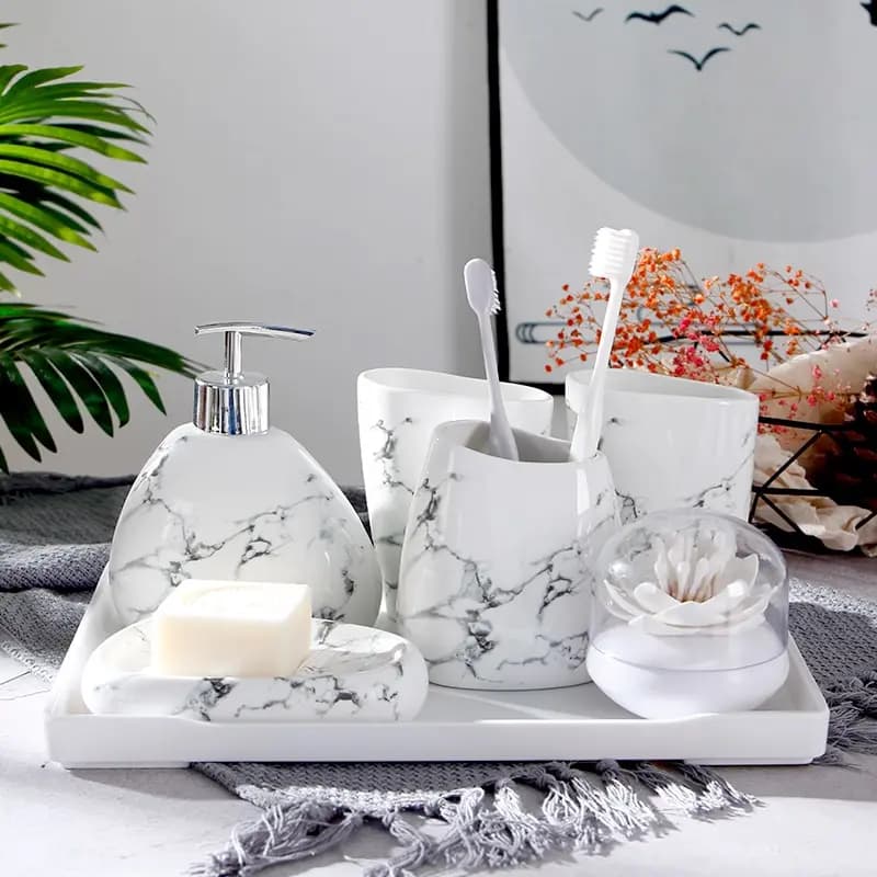 Marble Effect Bathroom Accessories Set for Airbnb Bathrooms