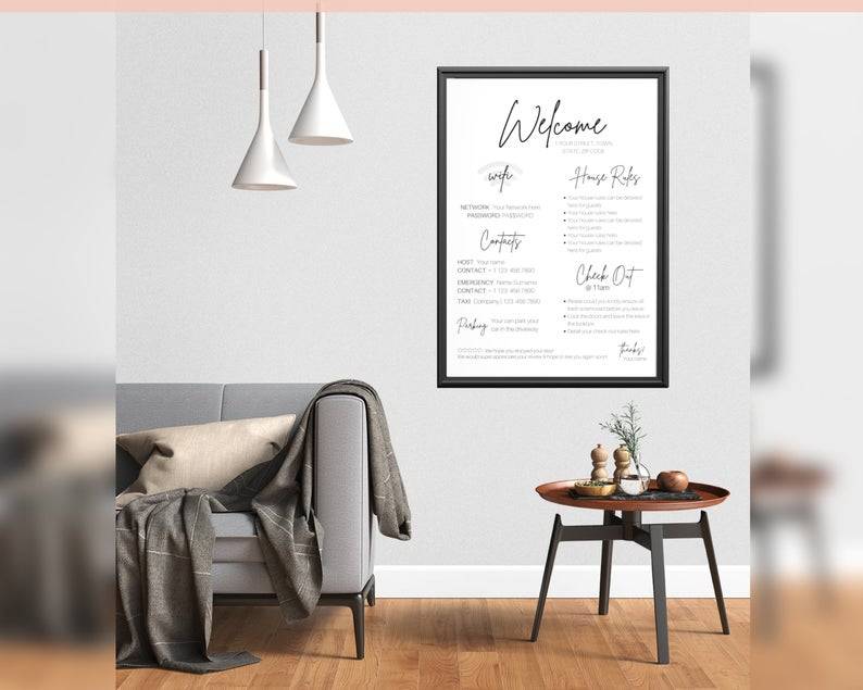 Airbnb Welcome Sign Template: Wi-Fi, House Rules & Check-Out (Canva)