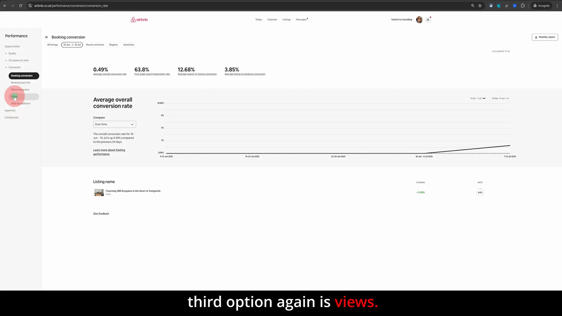 Insights dashboard with Conversion and Views options highlighted