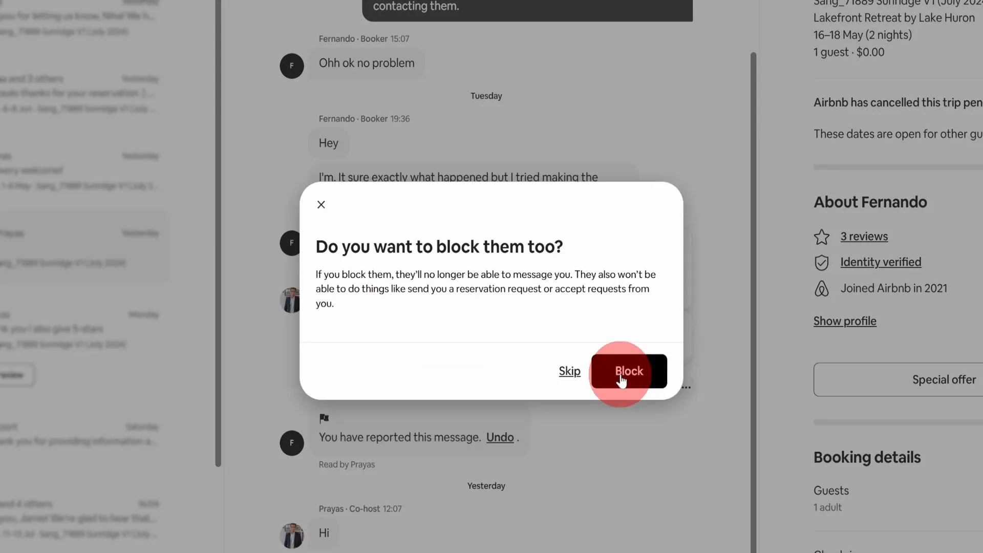 Blocking a user on Airbnb