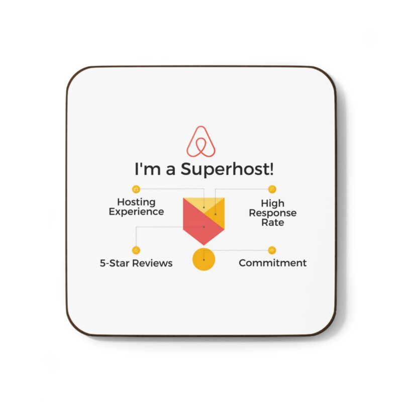 Diagram with the text "I'm an Airbnb Superhost Hardboard Back Coaster" at the center, surrounded by four points: Hosting Experience, High Response Rate, Commitment, and 5-Star Reviews.