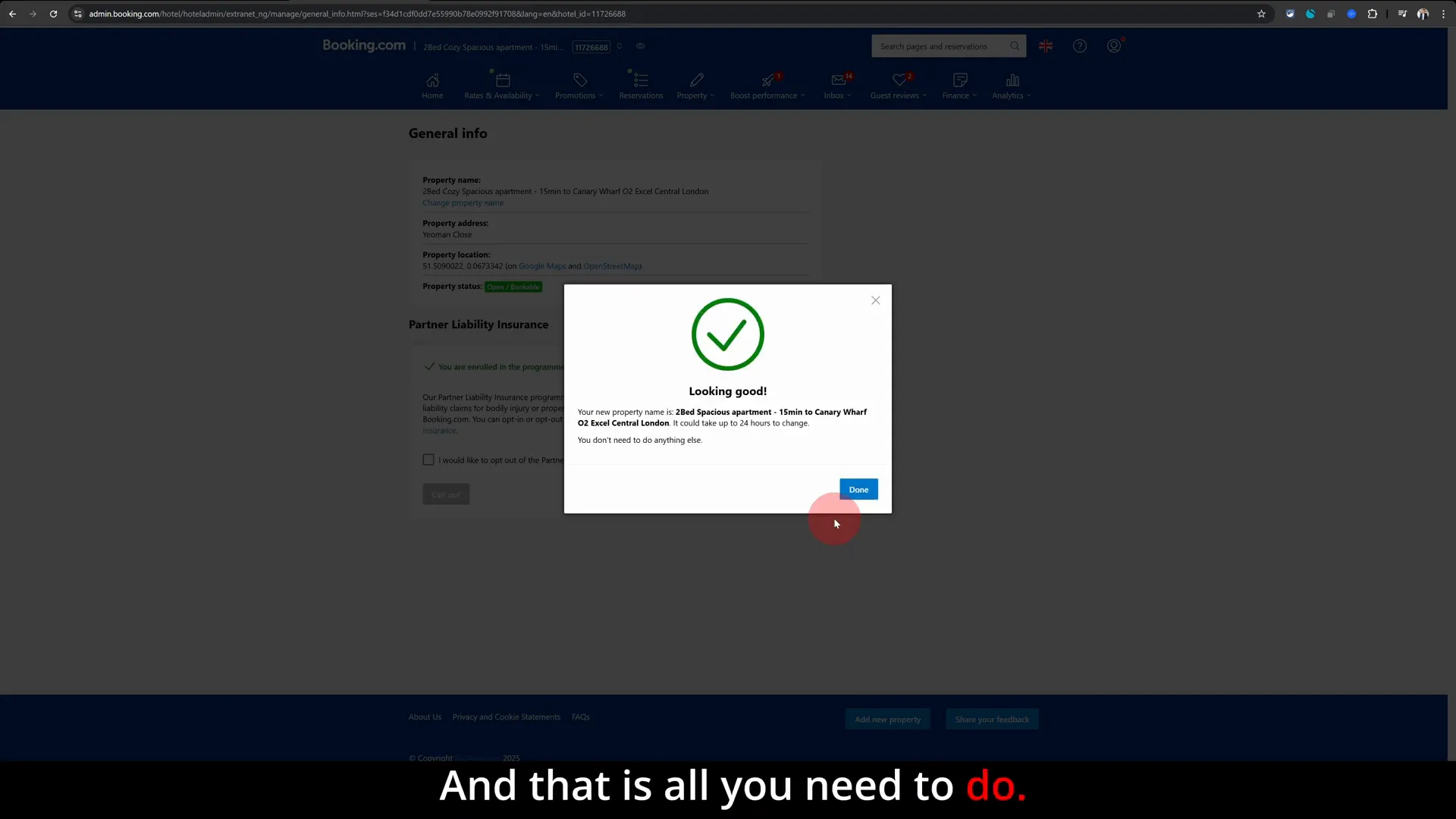 Confirmation message after submitting property name change on Booking.com extranet