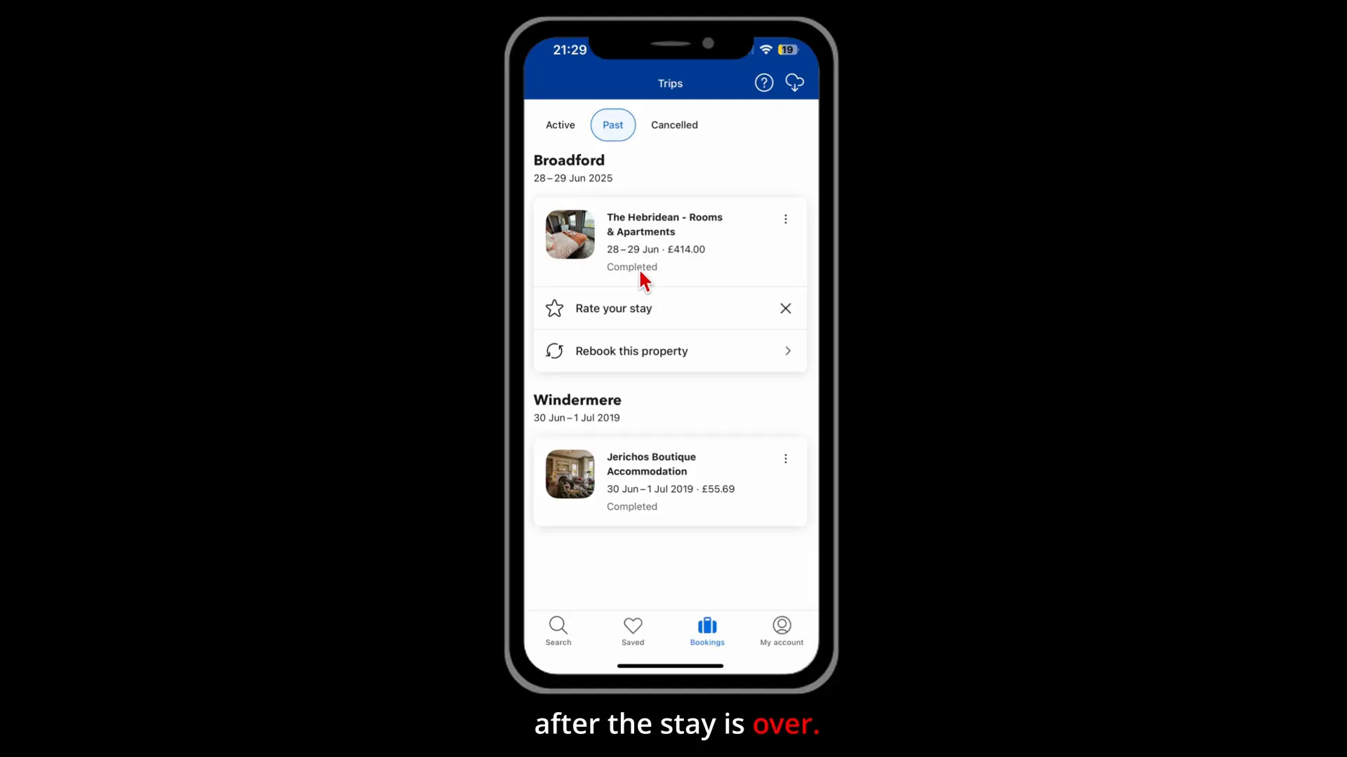 Booking.com showing the 'Rate your stay' option for past bookings
