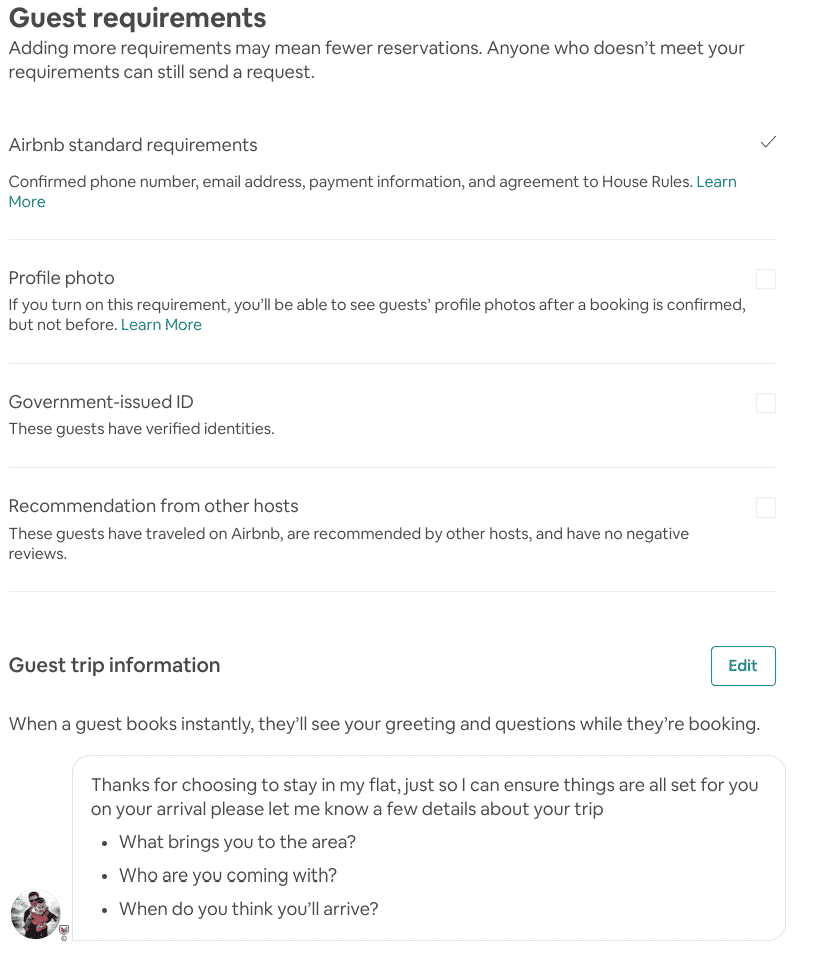 Airbnb Hosting Screen shot, guest requirements.