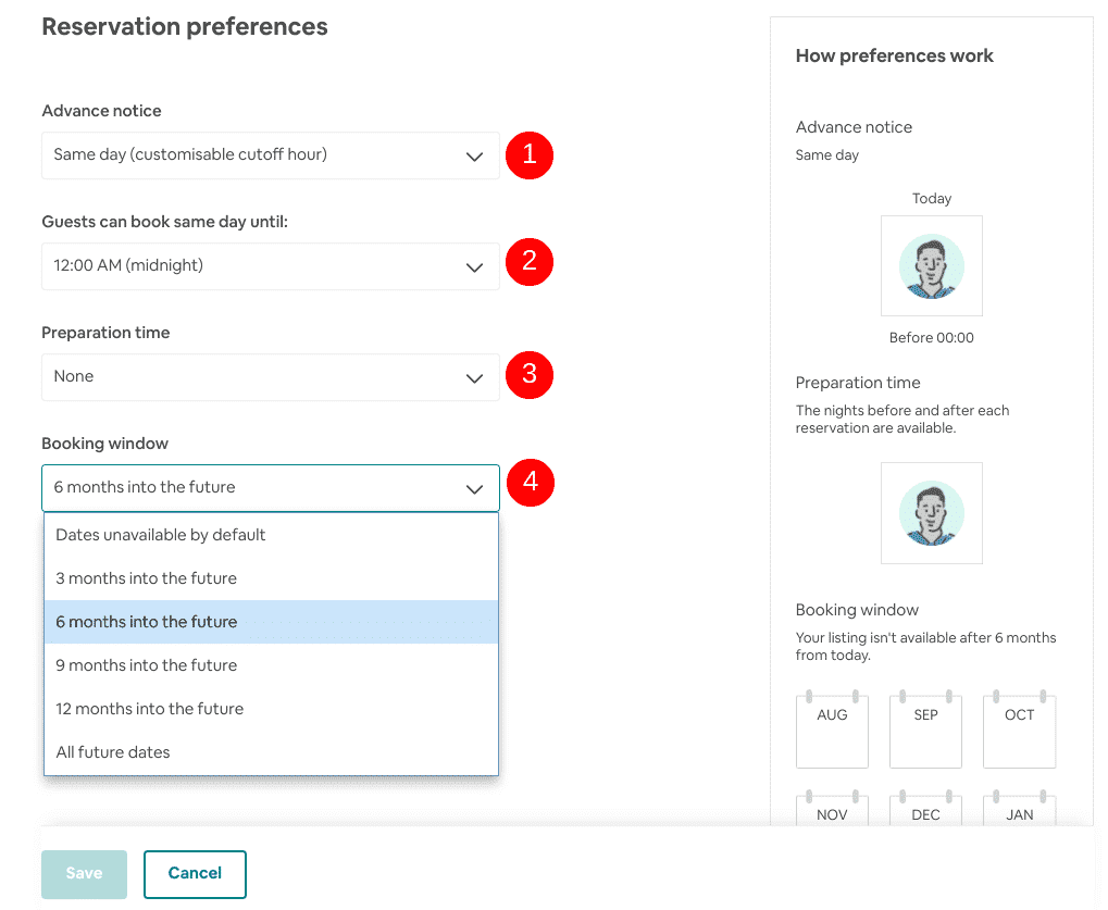 Airbnb Hosting A screen shot of the preferences page for Airbnb hosting reseliction options.