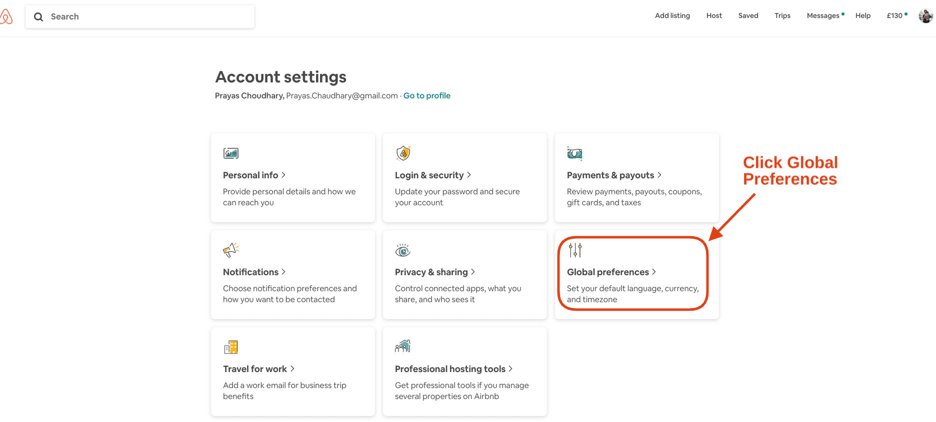 Airbnb Hosting A screenshot of the account setting page on Airbnb's hosting website.