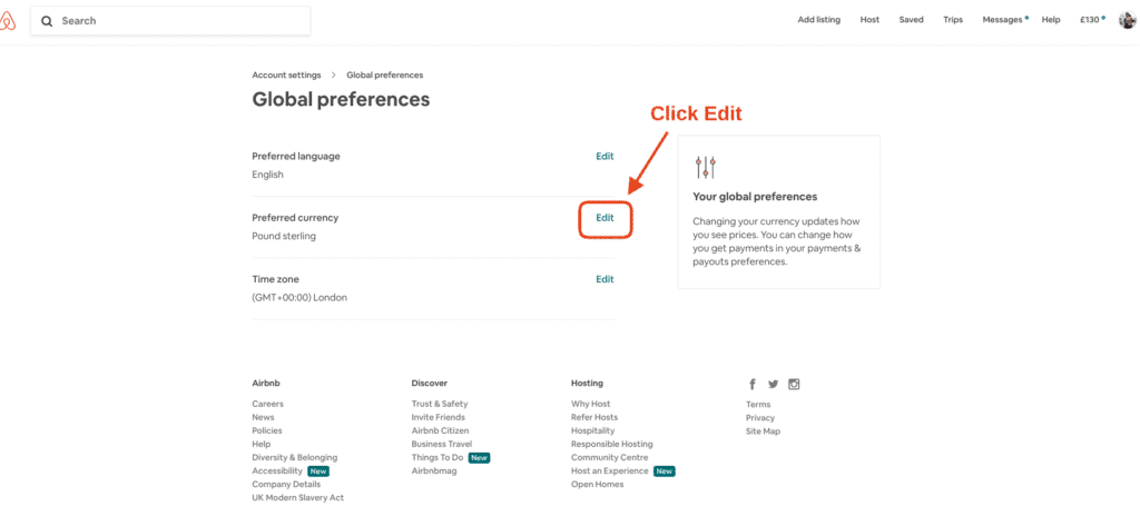 Change Currency on Airbnb website