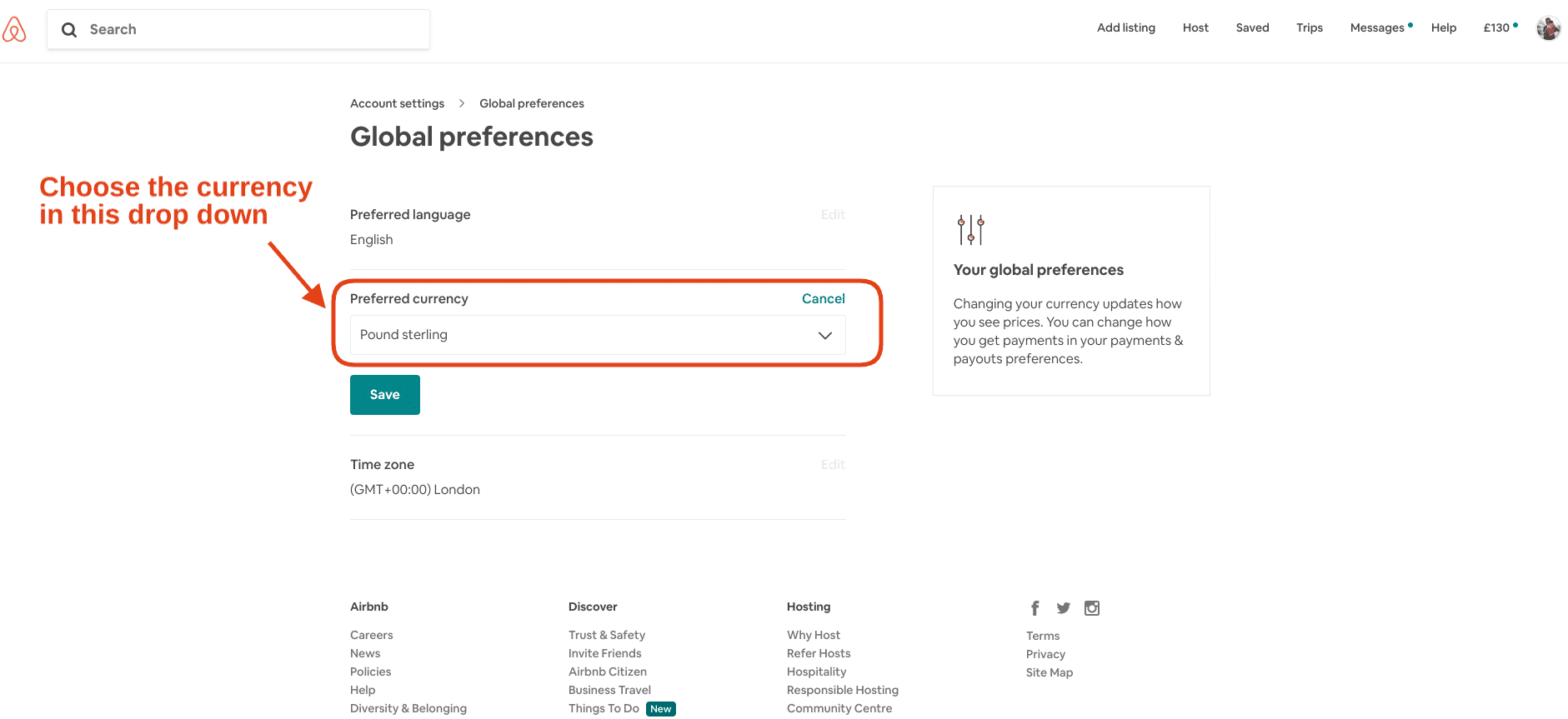 Airbnb Hosting Airbnb Hosting page with currency option highlighted.