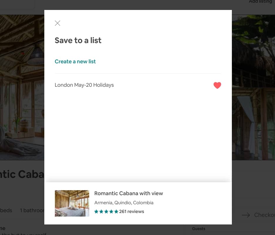 Airbnb Hosting A screenshot of the Airbnb save to list page.