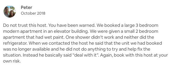 Airbnb bad review example