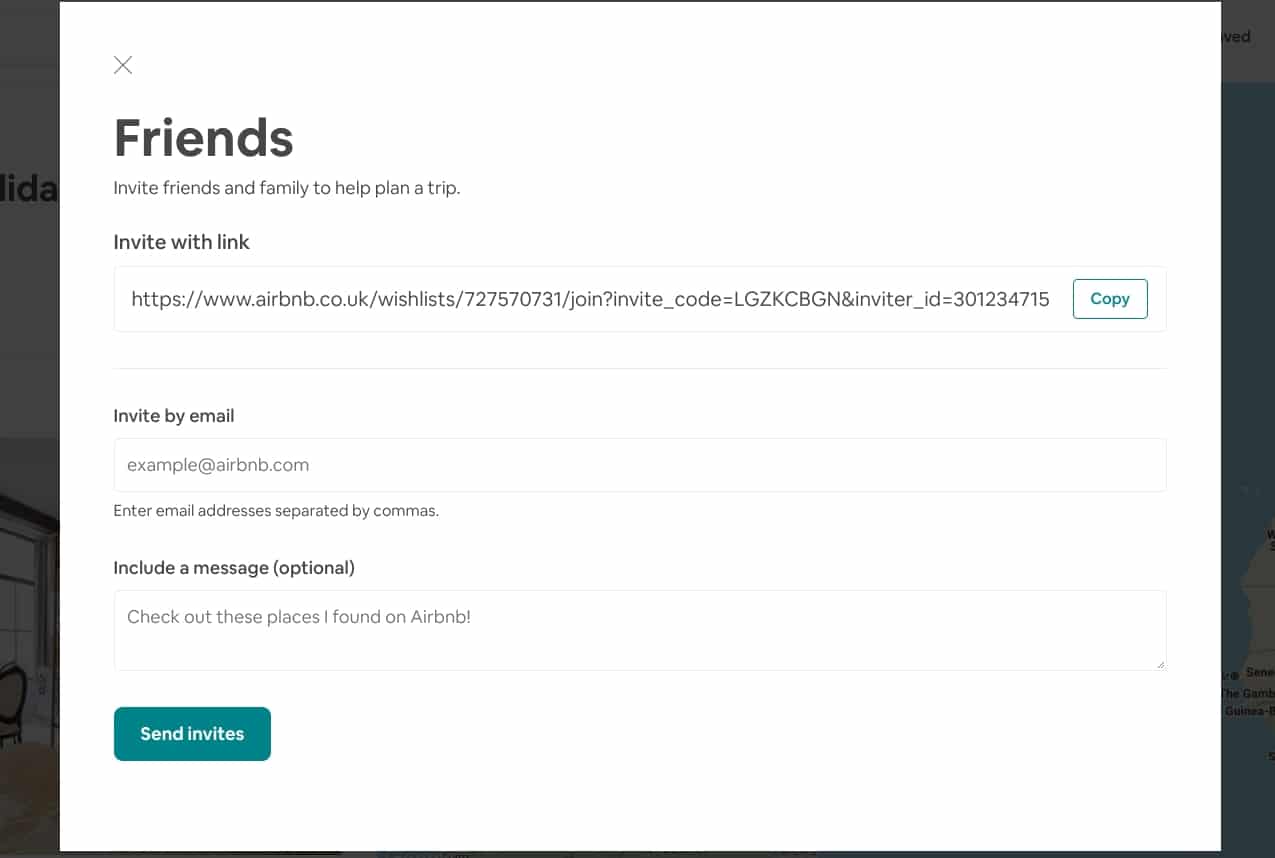Send invites to share your Airbnb wish list