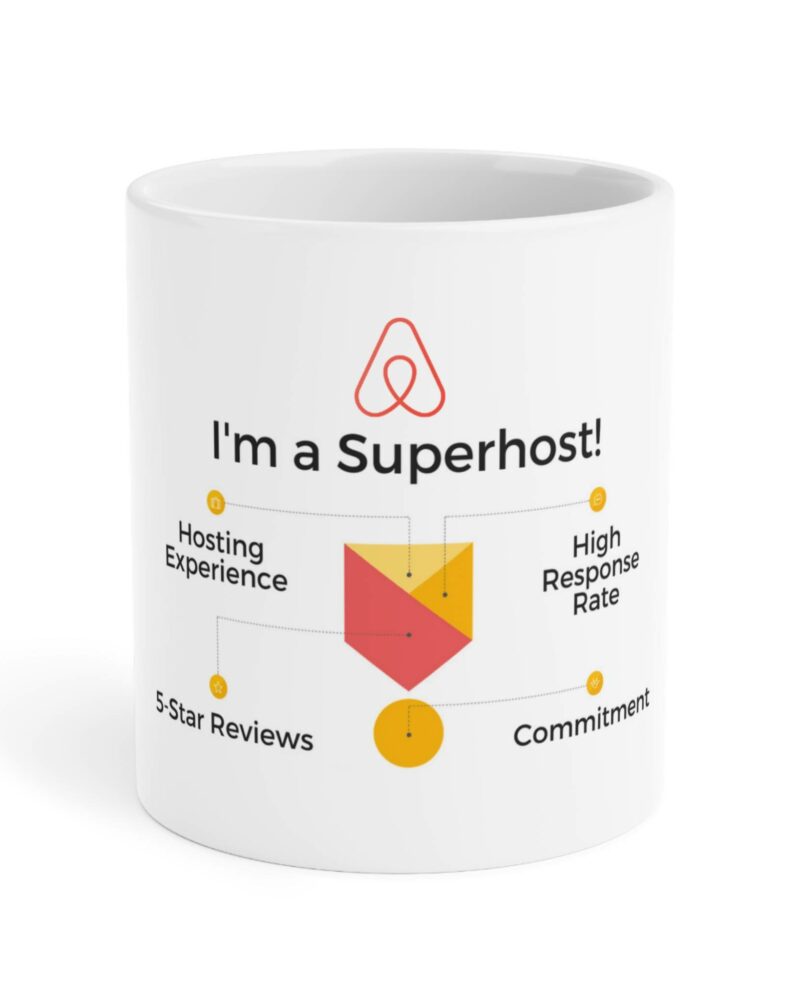 Presenting the "I'm an Airbnb Superhost" ceramic mug, available in 11oz, 15oz, and 20oz sizes. This white mug proudly displays the text "I'm a Superhost!" alongside a logo design. Ideal for flaunting your Airbnb hosting achievements, it creatively illustrates elements like hosting experience, high response rate, five-star reviews, and commitment—serving as a wonderful reminder of successful Airbnb hosting strategies.