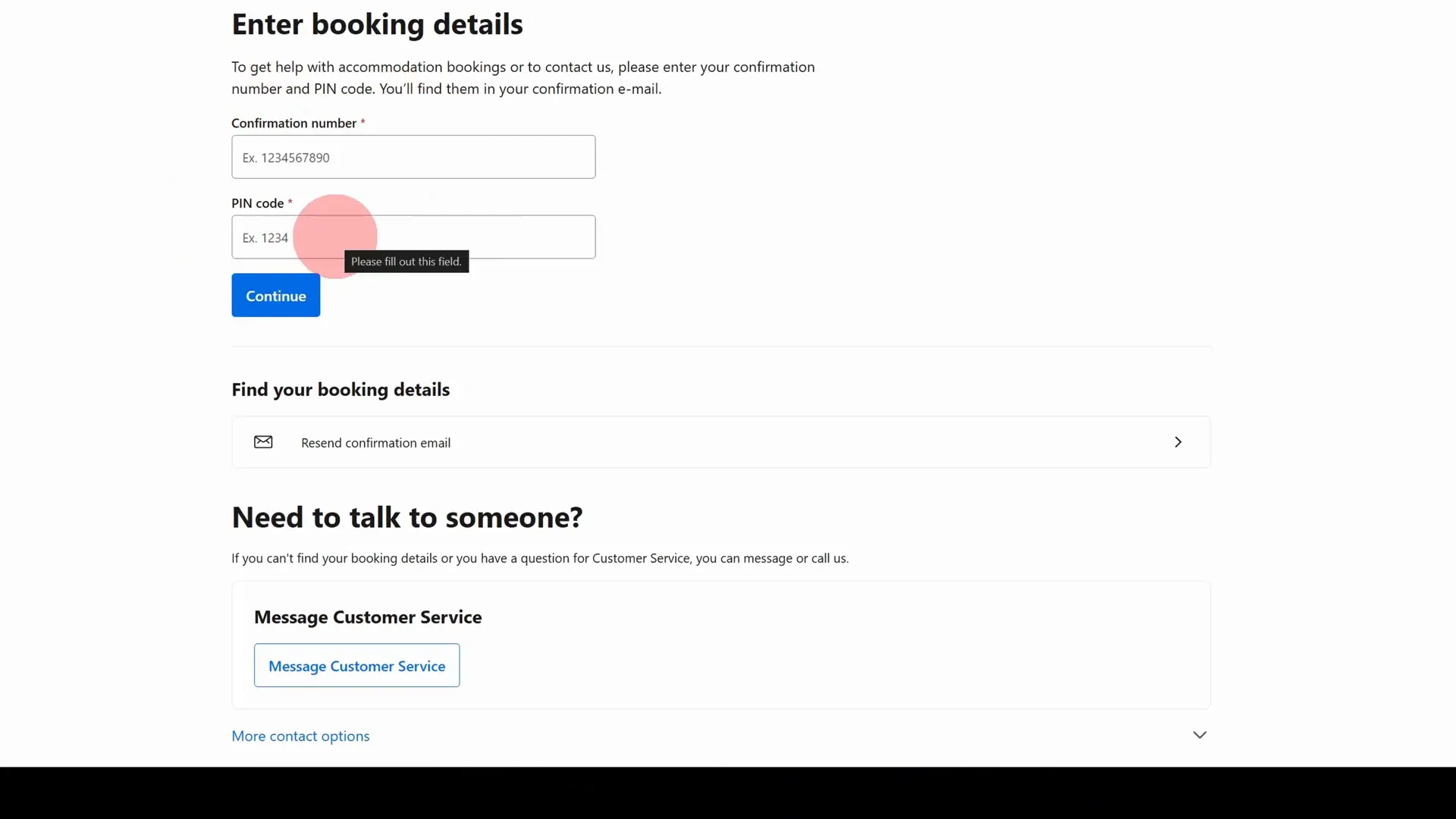 Booking.com confirmation number and pin code entry