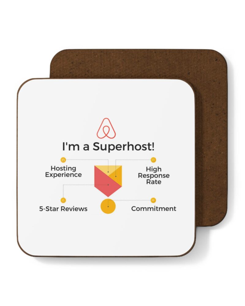 I'm an Airbnb Superhost Hardboard Back Coaster featuring text and logo saying 'I'm a Superhost!' accompanied by four attributes: Hosting Experience, High Response Rate, 5-Star Reviews, and Commitment.