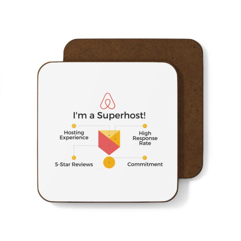 I'm an Airbnb Superhost Hardboard Back Coaster featuring text and logo saying 'I'm a Superhost!' accompanied by four attributes: Hosting Experience, High Response Rate, 5-Star Reviews, and Commitment.