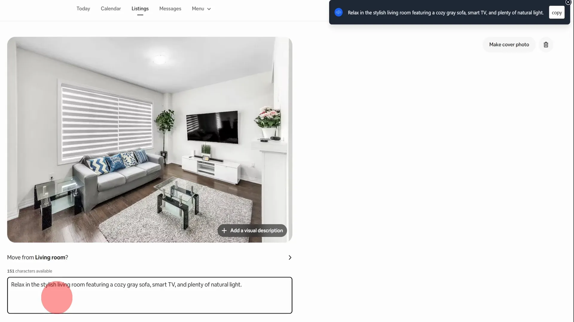 Pasting the generated caption into the Airbnb description