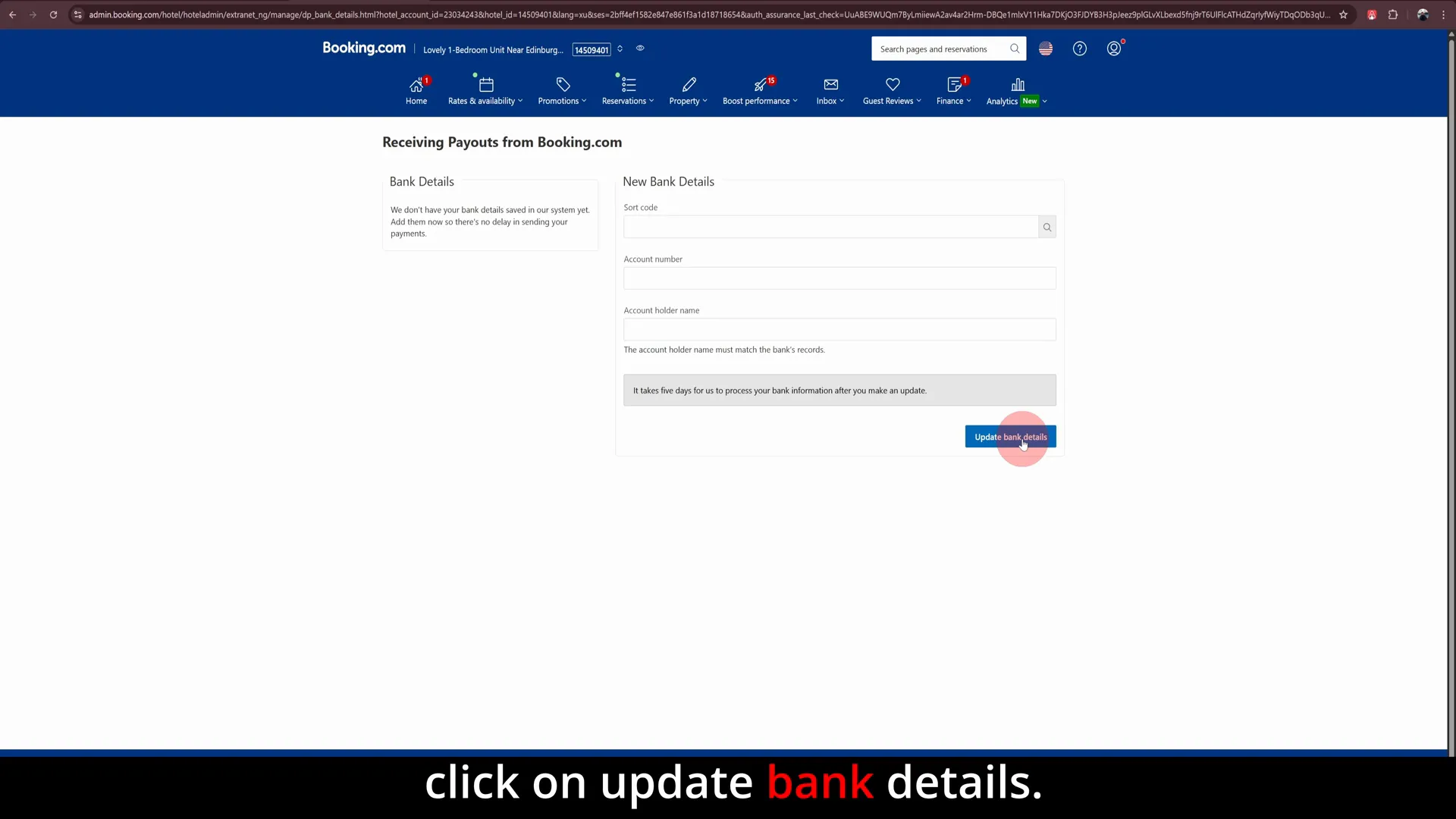 Update bank details button on Booking.com extranet