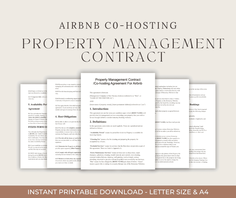 Property Management Contract Template Short Term Reservations Holiday Home Rental Lease Co-Host Agreement Sample Editable Airbnb VRBO