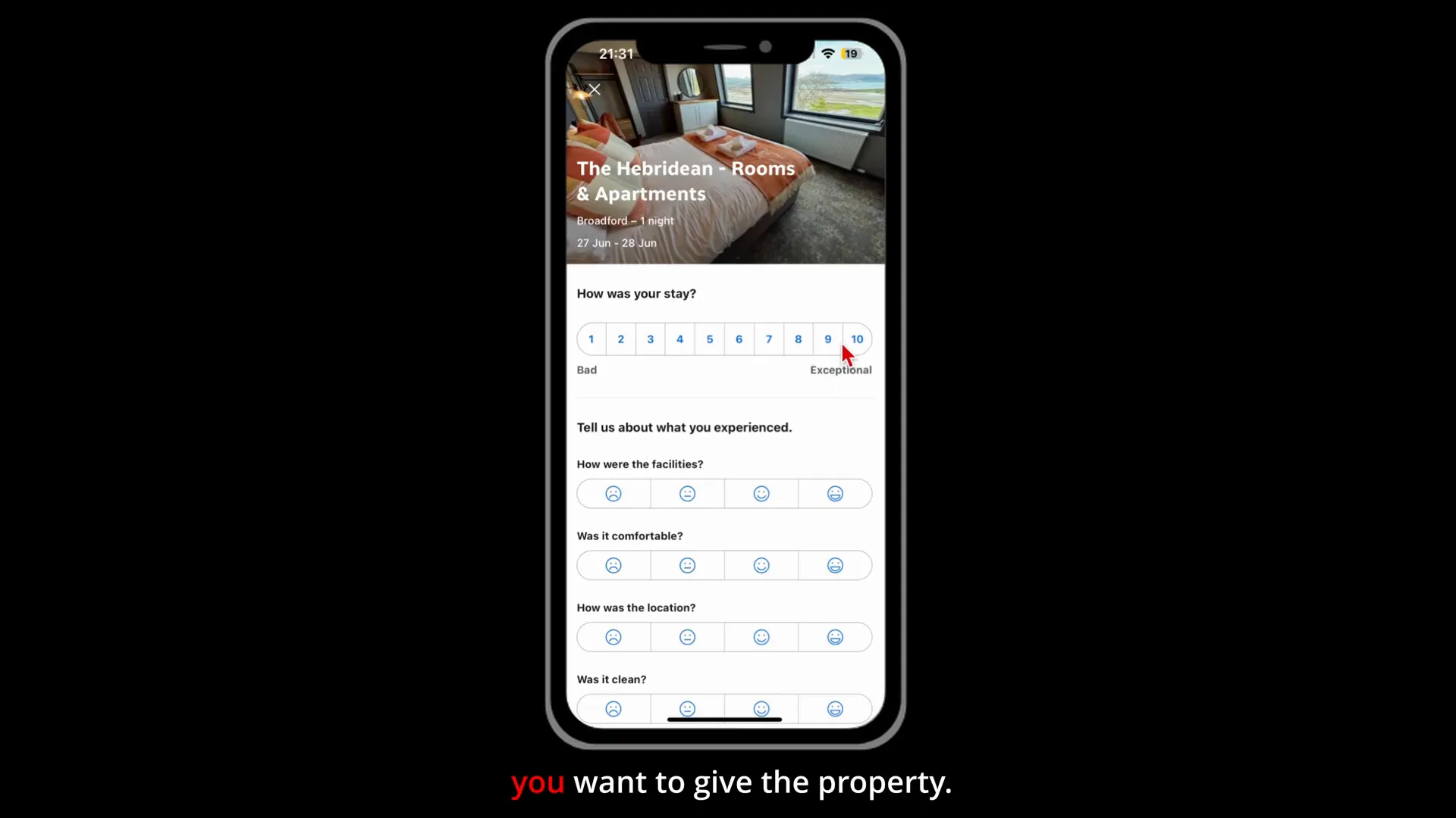 Booking.com review screen to choose overall rating