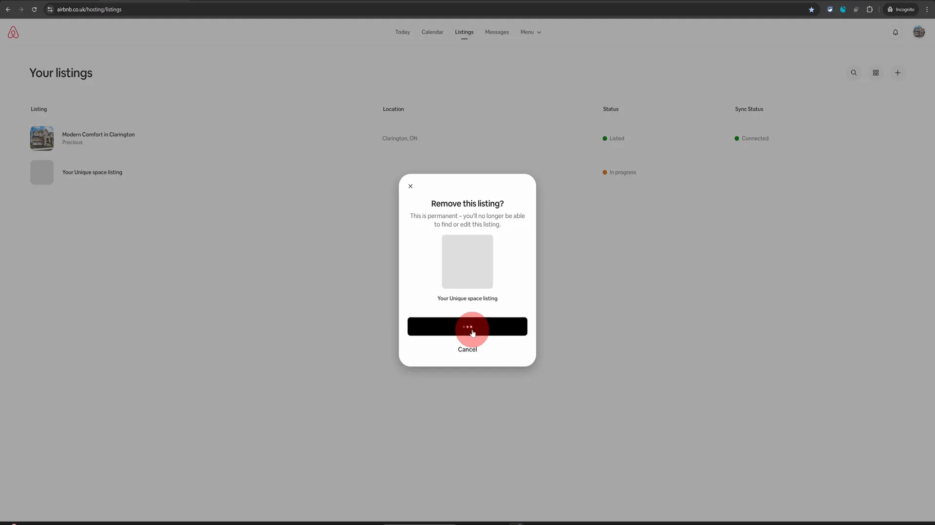 Confirmation prompt for removing the listing