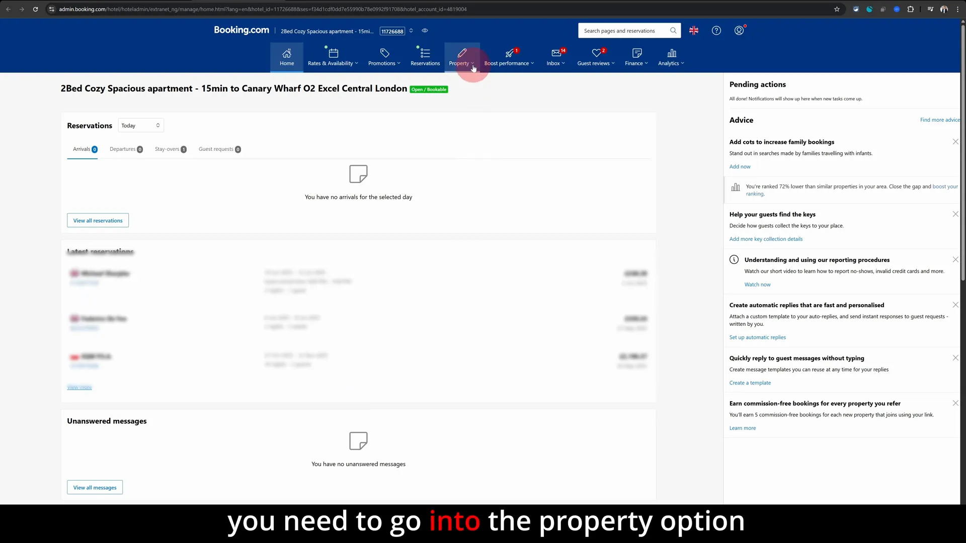 Booking.com property listing dashboard