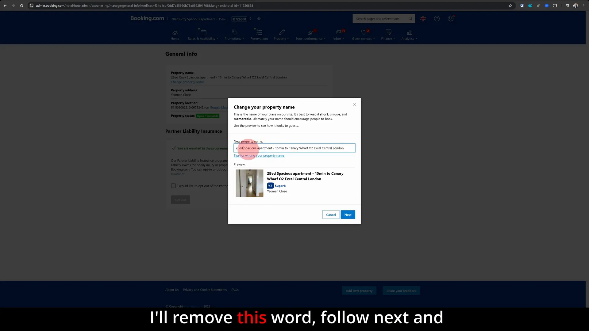 Editing property name field on Booking.com extranet