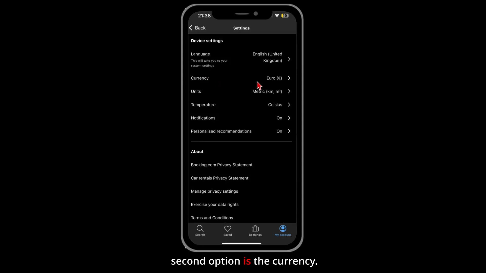 Currency option in device preferences