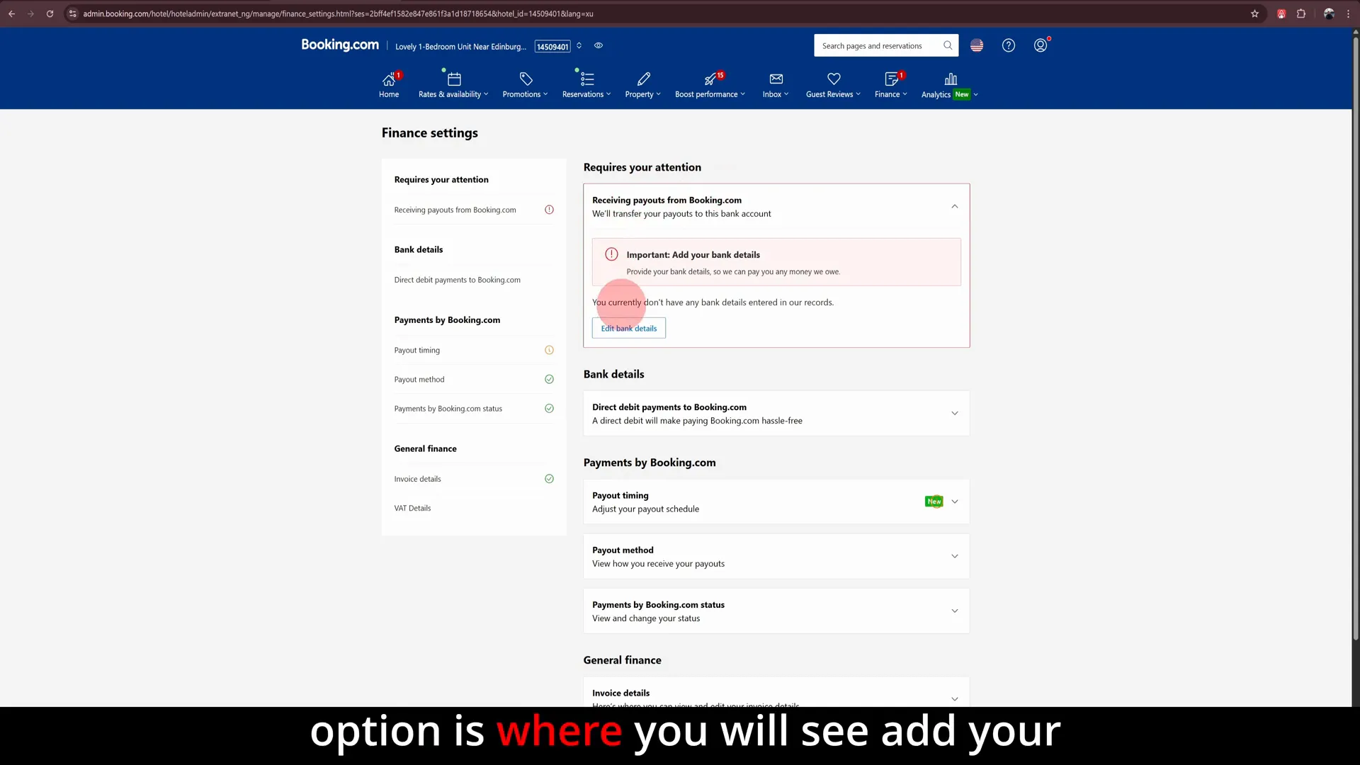 Finance settings page with add bank details prompt