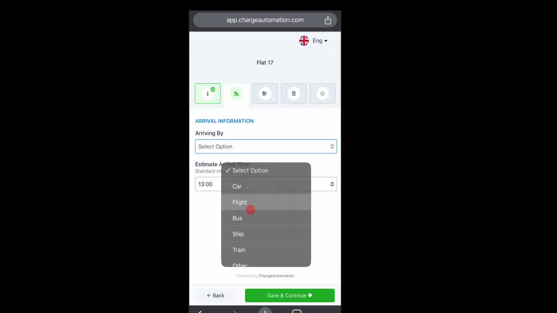 Guest choosing their arrival method on Charge Automation