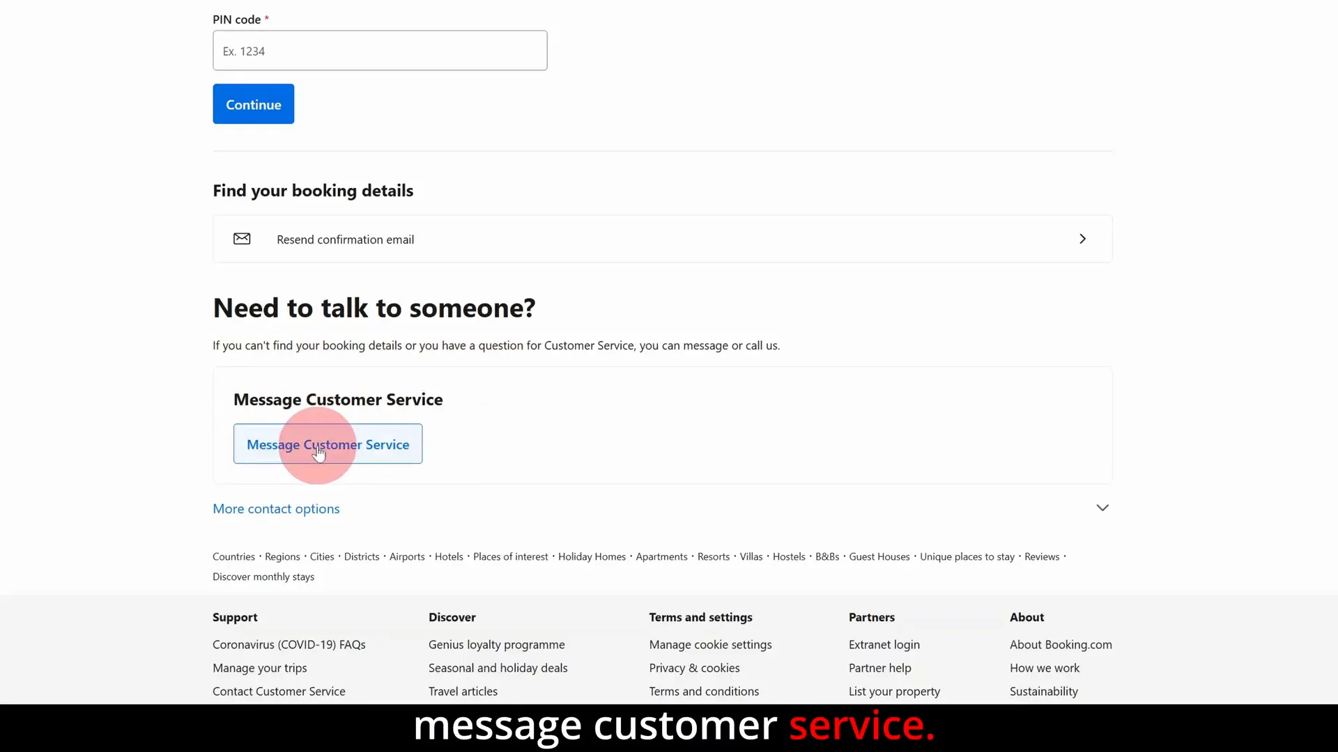 More contact options link on Booking.com customer service page