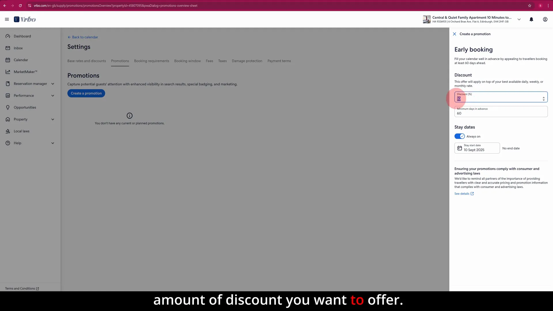 Setting early booking discount percentage and advance booking days