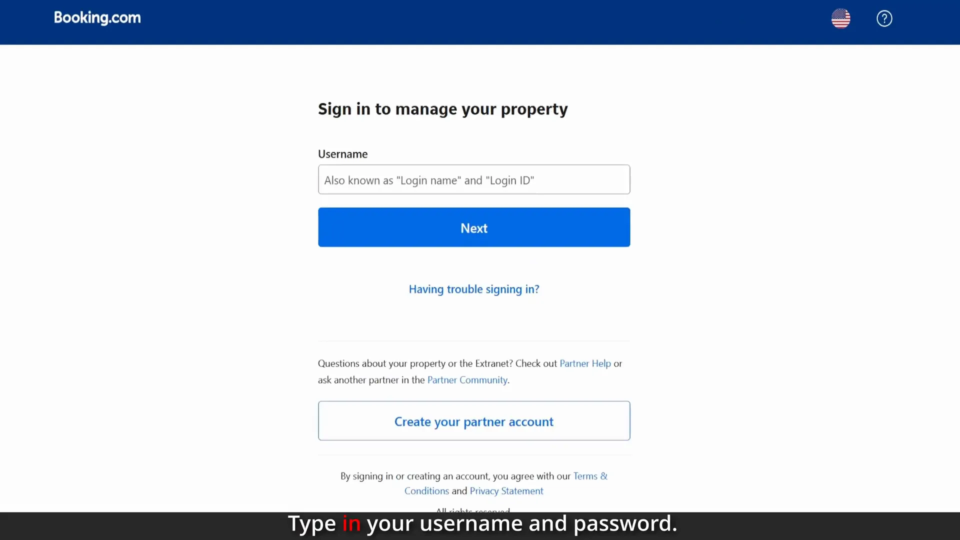 Logging into Booking.com Extranet with username and password