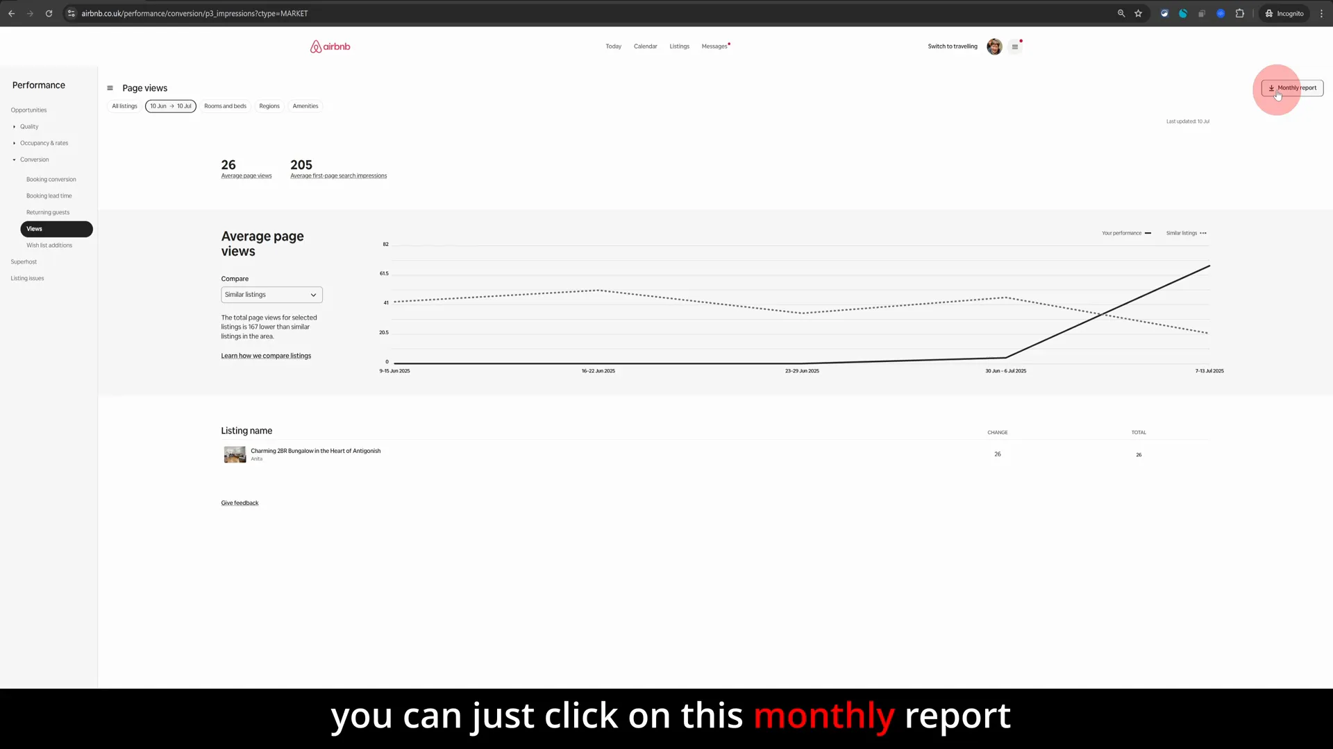 Monthly report download button in Airbnb Insights views section
