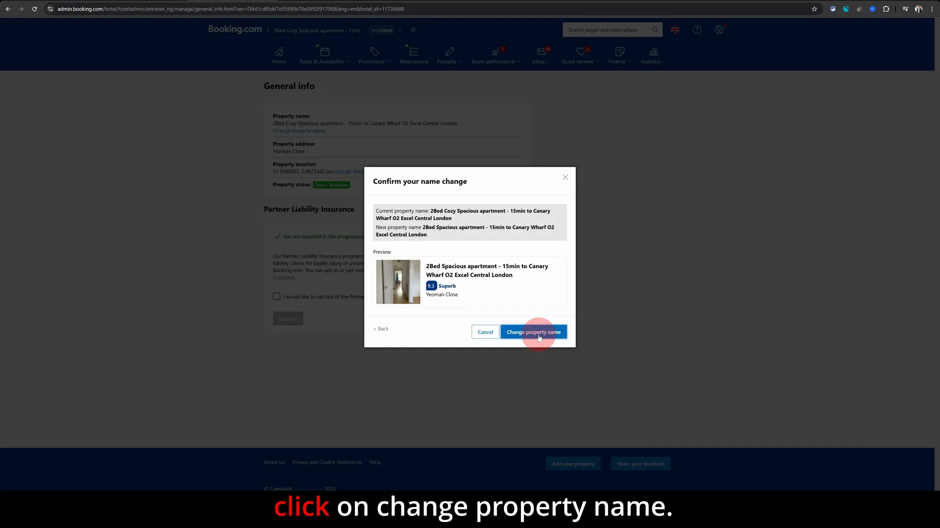Submit property name change button on Booking.com extranet