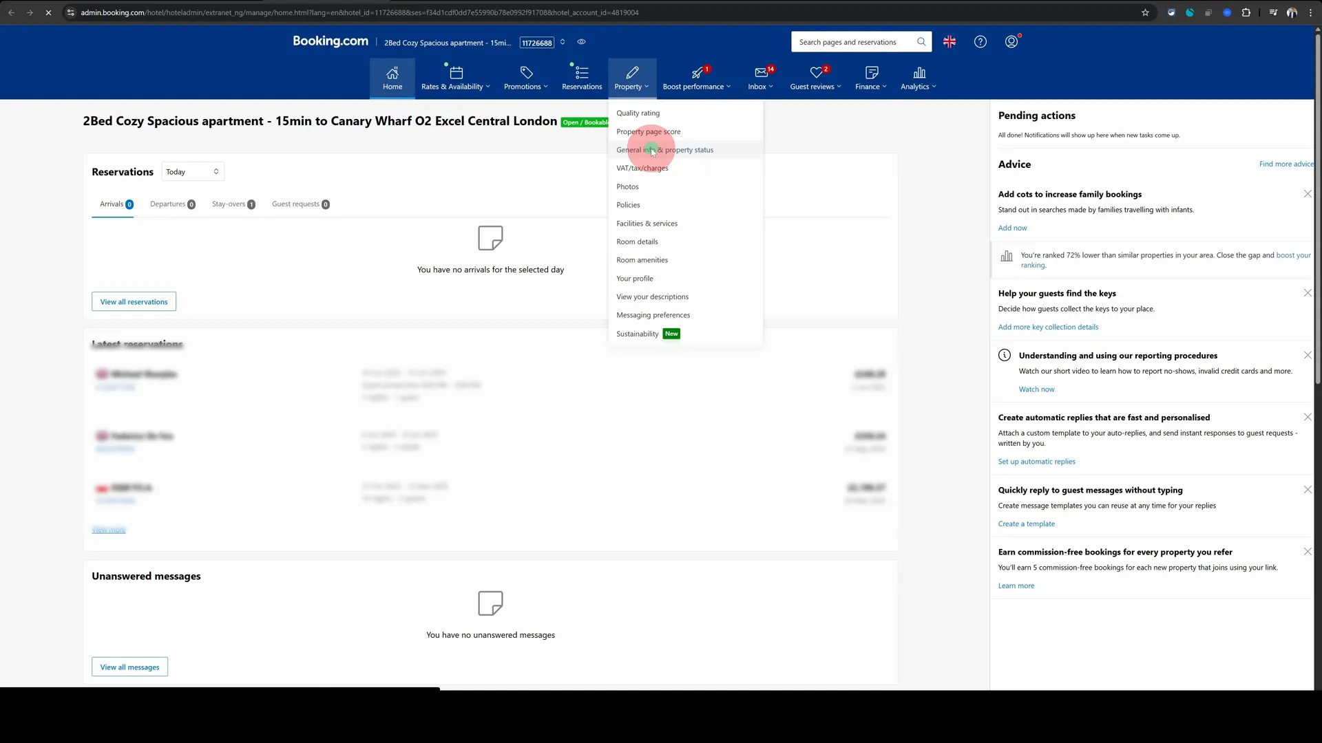 General Info and Property Status menu on Booking.com extranet