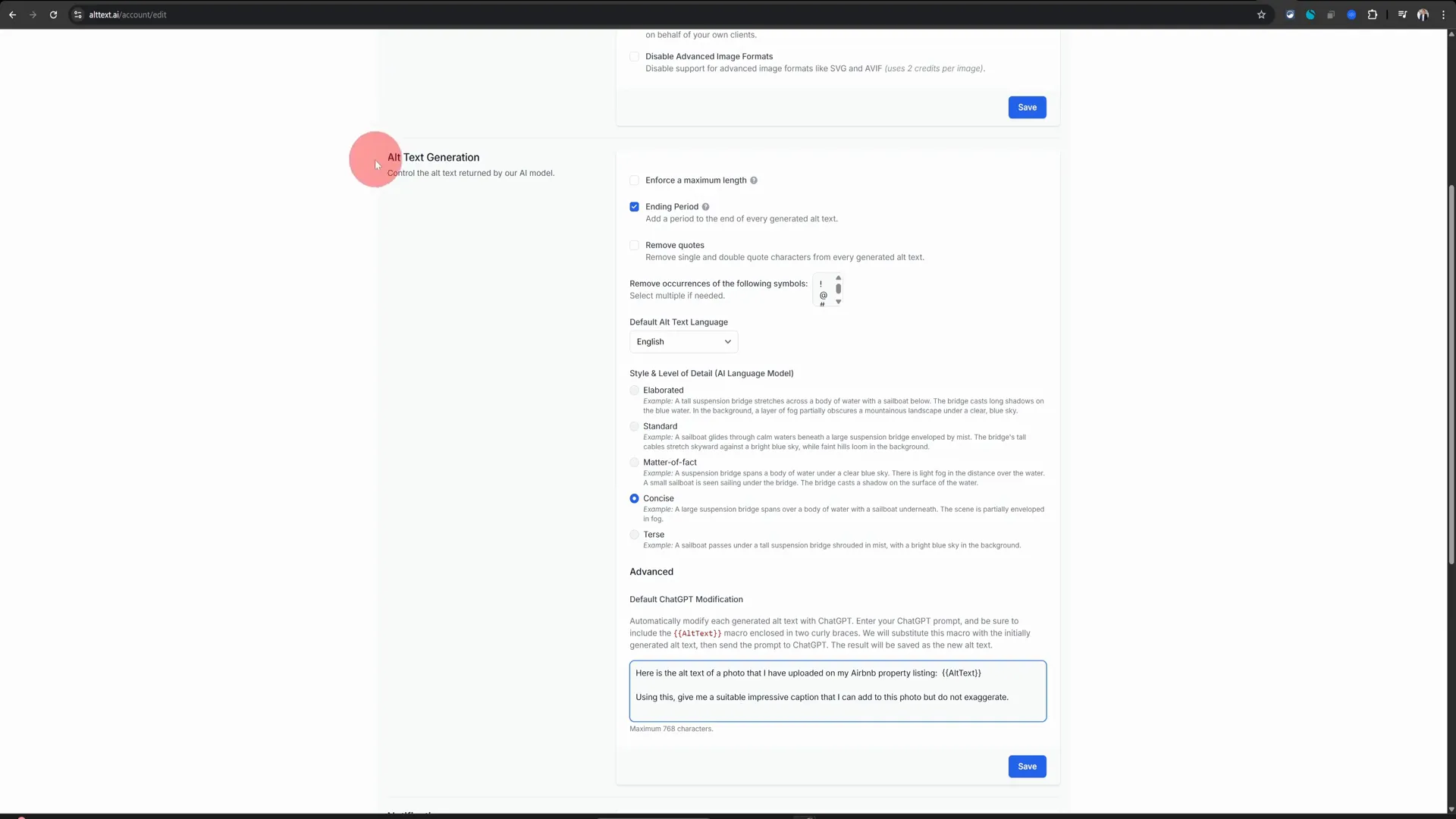 Saving the changes in the alt text generation section