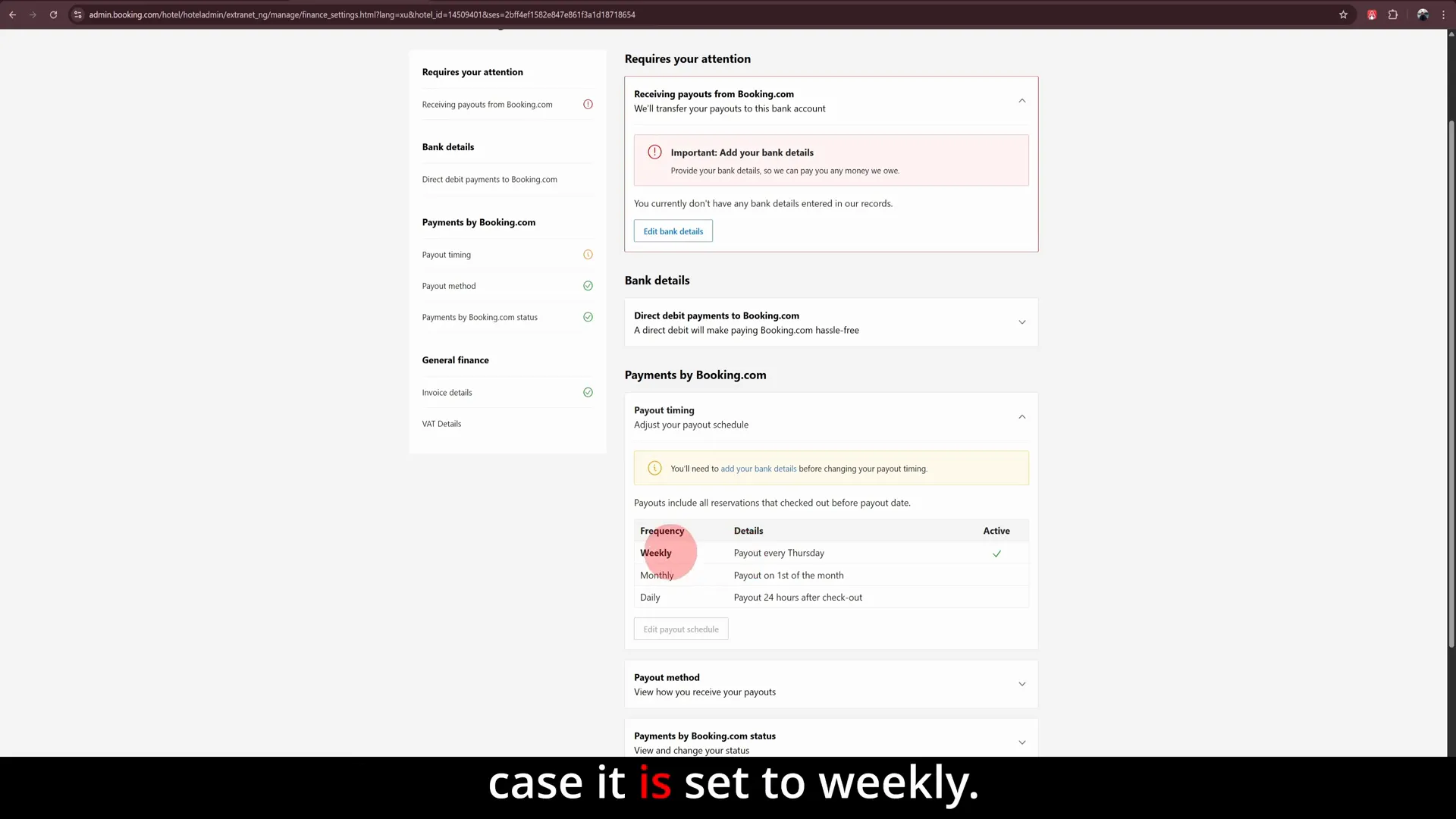 Payout frequency options on Booking.com extranet